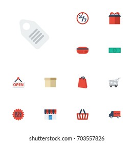 Flat Icons Cash, Pouch, Payment And Other Vector Elements. Set Of Store Flat Icons Symbols Also Includes Surprise, Cart, Advertising Objects.