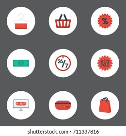 Flat Icons Cash, Pouch, Percentage And Other Vector Elements. Set Of Shopping Flat Icons Symbols Also Includes Cash, Coins, Sale Objects.