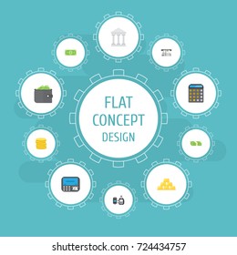 Flat Icons Cash Stack, Billfold, Money And Other Vector Elements. Set Of Banking Flat Icons Symbols Also Includes Payment, Coins, Purse Objects.