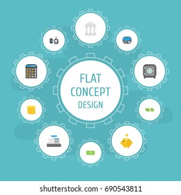 Flat Icons Cash Stack, Money Box, Bank And Other Vector Elements. Set Of Finance Flat Icons Symbols Also Includes Salary, Machine, Savings Objects.