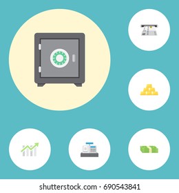 Flat Icons Cash Stack, Strongbox, Bar Diagram And Other Vector Elements. Set Of Finance Flat Icons Symbols Also Includes Bar, Money, Stack Objects.