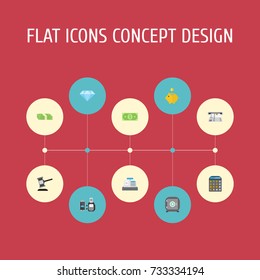Flat Icons Cash Stack, Till, Strongbox And Other Vector Elements. Set Of Finance Flat Icons Symbols Also Includes Gem, Calculator, Savings Objects.