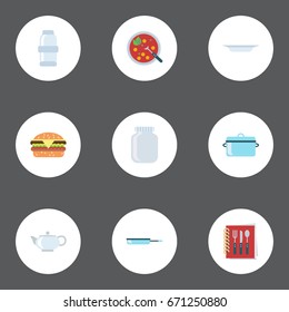 Flat Icons Casserole, Broth, Spice And Other Vector Elements. Set Of Food Flat Icons Symbols Also Includes Skillet, Dishware, Can Objects.