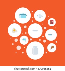 Flat Icons Casserole, Cooking Notebook, Blender And Other Vector Elements. Set Of Kitchen Flat Icons Symbols Also Includes Can, Blender, Book Objects.