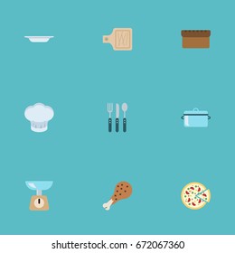 Flat Icons Casserole, Silverware, Kitchen Measurement And Other Vector Elements. Set Of Gastronomy Flat Icons Symbols Also Includes Plate, Saucepan, Fried Objects.