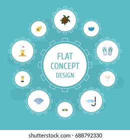 Flat Icons Castle, Conch, Sea And Other Vector Elements. Set Of Summer Flat Icons Symbols Also Includes Sunscreen, Tower, Slippers Objects.