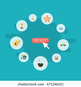 Flat Icons Castle, Hat, Cocos And Other Vector Elements. Set Of Summer Flat Icons Symbols Also Includes Sunscreen, Shovel, Pain Objects.