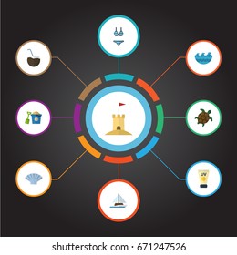 Flat Icons Castle, Sailboard, Shovel And Other Vector Elements. Set Of Beach Flat Icons Symbols Also Includes Water, Sea, Beachwear Objects.