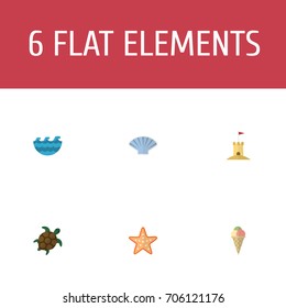 Flat Icons Castle, Sea Star, Sea And Other Vector Elements. Set Of Summer Flat Icons Symbols Also Includes Tortoise, Sea, Sorbet Objects.
