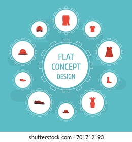 Flat Icons Casual, Elegant Headgear, Evening Dress And Other Vector Elements. Set Of Dress Flat Icons Symbols Also Includes Dress, Woman, Footwear Objects.