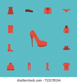 Flat Icons Casual, Hosiery, Evening Dress And Other Vector Elements. Set Of Dress Flat Icons Symbols Also Includes Beanie, Pompom, Hoodie Objects.