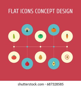 Flat Icons Cauliflower, Alligator Pear, Love Apple And Other Vector Elements. Set Of  Flat Icons Symbols Also Includes Rooty, Fruit, Pomegranate Objects.