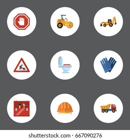 Flat Icons Caution, Mitten, Stop Sign And Other Vector Elements. Set Of Construction Flat Icons Symbols Also Includes Road, Hardhat, Helmet Objects.