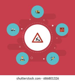 Flat Icons Caution, Pneumatic, Cement Blender And Other Vector Elements. Set Of Construction Flat Icons Symbols Also Includes Pneumatic, Excavator, Workman Objects.