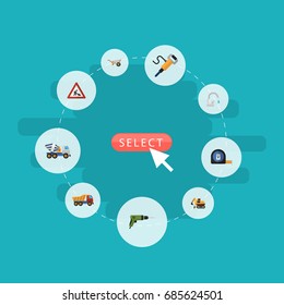 Flat Icons Caution, Van, Handcart Vector Elements. Set Of Construction Flat Icons Symbols Also Includes Sign, Drill, Screwdriver Objects.