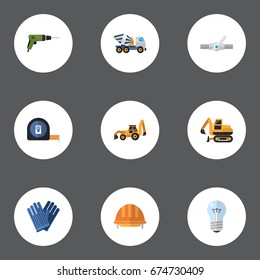 Flat Icons Cement Blender, Electric Screwdriver, Roll Meter And Other Vector Elements. Set Of Industry Flat Icons Symbols Also Includes Tractor, Electric, Plumbing Objects.