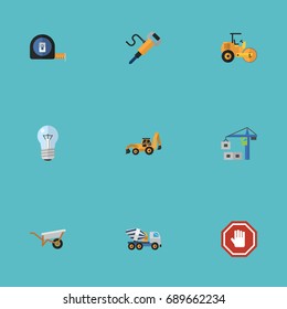 Flat Icons Cement Blender, Excavator, Roll Meter And Other Vector Elements. Set Of Industry Flat Icons Symbols Also Includes Pushcart, Tower, Tape Objects.