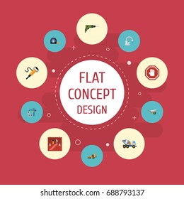 Flat Icons Cement Blender, Faucet, Electric Screwdriver And Other Vector Elements. Set Of Construction Flat Icons Symbols Also Includes Mixer, Water, Backhoe Objects.
