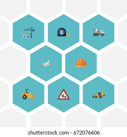 Flat Icons Cement Blender, Hoisting Machine, Caution And Other Vector Elements. Set Of Construction Flat Icons Symbols Also Includes Sign, Road, Concrete Objects.
