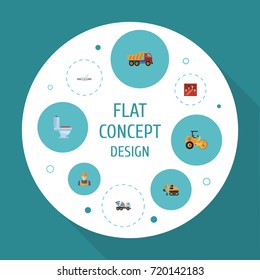 Flat Icons Cement Blender, Toolkit, Steamroller And Other Vector Elements. Set Of Industry Flat Icons Symbols Also Includes Road, Plumbing, Van Objects.