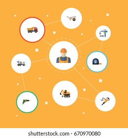 Flat Icons Cement Blender, Van, Roll Meter And Other Vector Elements. Set Of Construction Flat Icons Symbols Also Includes Meter, Worker, Van Objects.