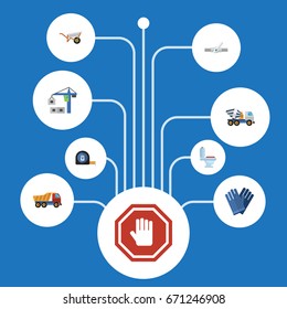 Flat Icons Cement Blender, Van, Hoisting Machine And Other Vector Elements. Set Of Construction Flat Icons Symbols Also Includes Pushcart, Concrete, Hand Objects.