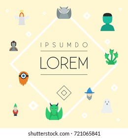 Flat Icons Character, Evil, Snake And Other Vector Elements. Set Of Character Flat Icons Symbols Also Includes Wizard, Dinosaur, Mythology Objects.