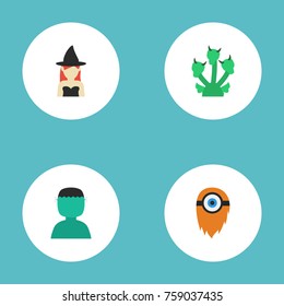 Flat Icons Character, Fire, Snake And Other Vector Elements. Set Of Fantasy Flat Icons Symbols Also Includes Character, Troll, Cyclop Objects.