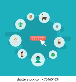 Flat Icons Character, Mythology, Snake And Other Vector Elements. Set Of Cartoon Flat Icons Symbols Also Includes Cyclop, Character, Halo Objects.