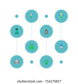 Flat Icons Character, Snake, Flying And Other Vector Elements. Set Of Fantasy Flat Icons Symbols Also Includes Fish, Dinosaur, Ogre Objects.