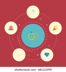 Flat Icons Chariot, Brilliant, Pigeon And Other Vector Elements. Set Of Marriage Flat Icons Symbols Also Includes Pigeon, Brougham, Sparkle Objects.