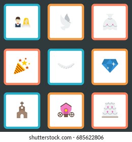 Flat Icons Chariot, Wedding Gown, Brilliant And Other Vector Elements. Set Of Wedding Flat Icons Symbols Also Includes Brilliant, Bride, Gown Objects.