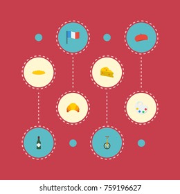 Flat Icons Cheddar, Flag, Alcohol And Other Vector Elements. Set Of Europe Flat Icons Symbols Also Includes Bottle, France, Flag Objects.