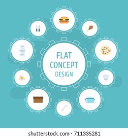 Flat Icons Chef Hat, Casserole, Loaf And Other Vector Elements. Set Of Kitchen Flat Icons Symbols Also Includes Pizza, Loaf, Burger Objects.