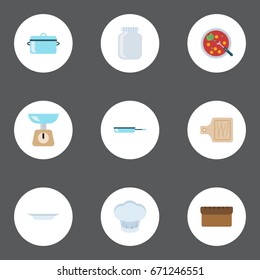 Flat Icons Chef Hat, Glass Container, Kitchen Measurement And Other Vector Elements. Set Of Cooking Flat Icons Symbols Also Includes Cutting, Chef, Casserole Objects.
