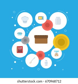 Flat Icons Chef Hat, Loaf, Casserole And Other Vector Elements. Set Of Kitchen Flat Icons Symbols Also Includes Container, Salt, Kitchen Objects.