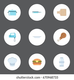 Flat Icons Chef Hat, Spice, Fast Food And Other Vector Elements. Set Of Kitchen Flat Icons Symbols Also Includes Casserole, Dish, Saltshaker Objects.