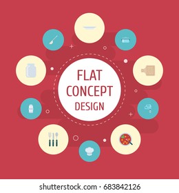 Flat Icons Chef Hat, Spice, Glass Container And Other Vector Elements. Set Of Kitchen  Symbols Also Includes Spice, Knife, Ladle Objects.
