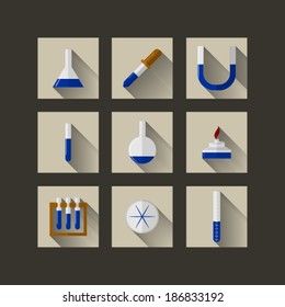 Flat icons for chemistry. Square white icons for chemistry on black. Laboratory ware with blue liquid.
