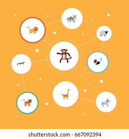 Flat Icons Chimpanzee, Jackass, Panther And Other Vector Elements. Set Of Animal Flat Icons Symbols Also Includes Animal, Bird, Puma Objects.