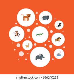Flat Icons Chimpanzee, Trunked Animal, Hippopotamus And Other Vector Elements. Set Of Zoo Flat Icons Symbols Also Includes Monkey, Hippopotamus, Leopard Objects.