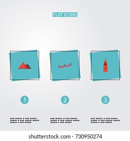 Flat Icons China, Moscow, Great Pyramid And Other Vector Elements. Set Of Landmarks Flat Icons Symbols Also Includes Pyramid, Great, China Objects.