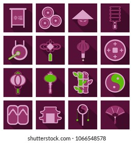 Flat icons. Chinese house, lantern, drum with yin yang sign, fan, coin, man,wooden shoes