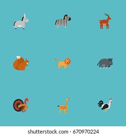 Flat Icons Chipmunk, Hippopotamus, Camelopard And Other Vector Elements. Set Of Zoo Flat Icons Symbols Also Includes Lion, Turkey, Hippo Objects.