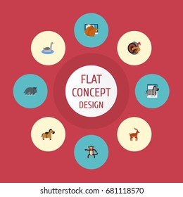 Flat Icons Chipmunk, Hippopotamus, Horse And Other Vector Elements. Set Of Zoology Flat Icons Symbols Also Includes Animal, Cock, Gobbler Objects.