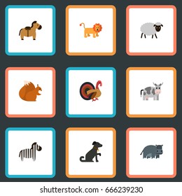 Flat Icons Chipmunk, Mutton, Horse And Other Vector Elements. Set Of Animal Flat Icons Symbols Also Includes Turkey, Merinos, Hippopotamus Objects.