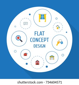 Flat Icons Choice, Depot, Hypothec And Other Vector Elements. Set Of Immovable Flat Icons Symbols Also Includes Search, Floor, Key Objects.