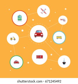 Flat Icons Chopper, Car, Boat And Other Vector Elements. Set Of Vehicle Flat Icons Symbols Also Includes Omnibus, Aircraft, Boat Objects.