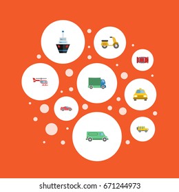 Flat Icons Chopper, Lorry, Carriage And Other Vector Elements. Set Of Transport Flat Icons Symbols Also Includes Helicopter, Vehicle, Motorbike Objects.