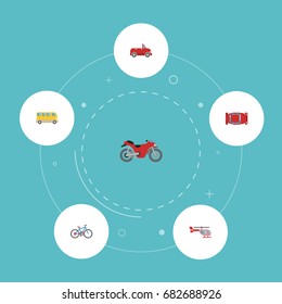 Flat Icons Chopper, Motorbike, Bicycle And Other Vector Elements. Set Of Auto Flat Icons Symbols Also Includes Omnibus, Car, Helicopter Objects.